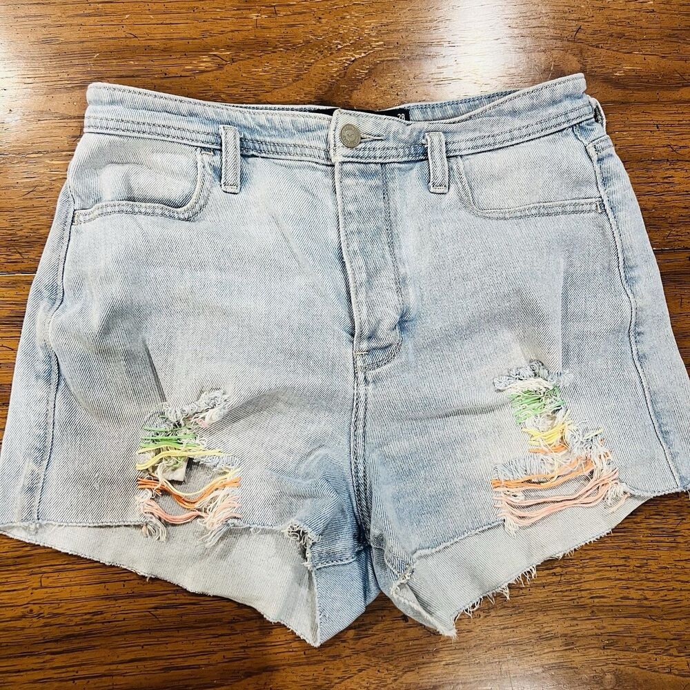Hollister Womens High Rise Mom Shorts Denim Light Wash Rainbow Distressed 7 W28